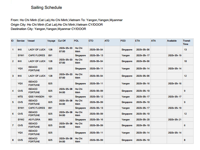 Sailing Schedule Hcm Yangon Transit 6